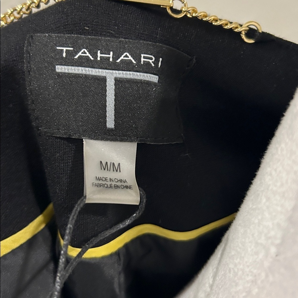 NWT T Tahari Black Collarless Open Front Faux Leather Trim Jacket Blazer M - Picture 2 of 9